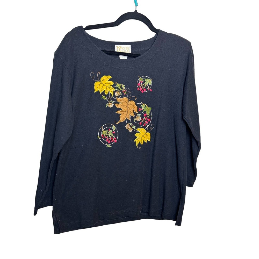 Vintage Kavio Designs Fall Embroidery Black Long Sleeve Shirt Size Large